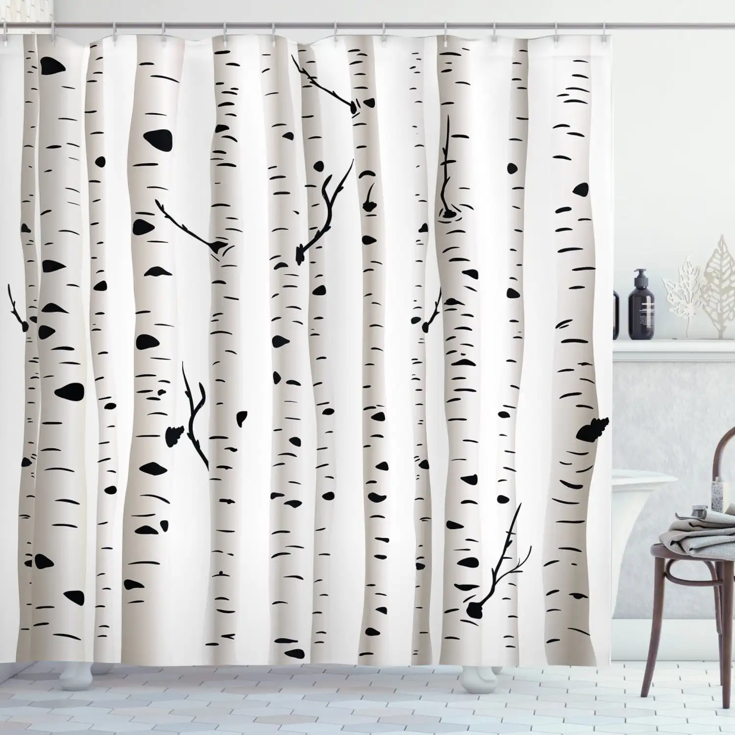 

Birch Tree Shower Curtain, Forest Seasonal Nature Woodland Leafless Branches Grove Botany Illustration, Fabric Bathroom Set with