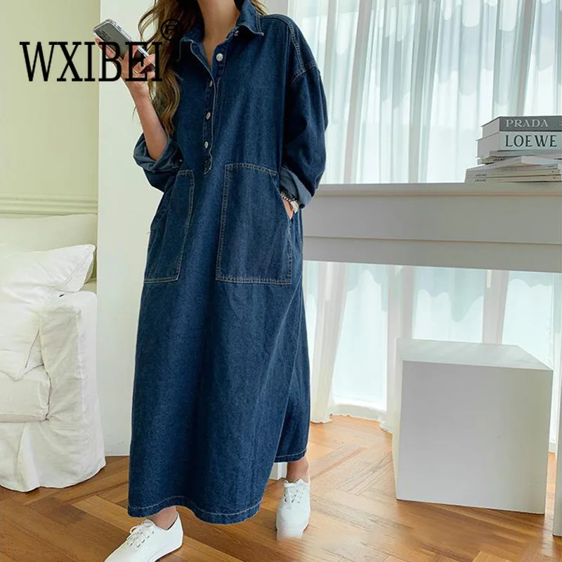 

WXIBEI Oversize Denim Dresses For Women Lapel Long Sleeve Patchwork Button Solid Straight Side Split Dress Female Summer FC719