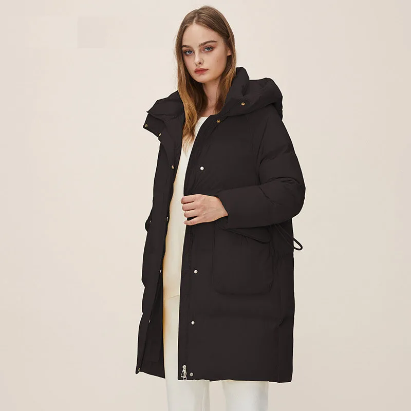 Women Down Coat Winter White Duck Jacket Mid Length Hooded  Jackets Fashion Keep Warm Windproof Snap Zip Thick Cashmere Coats