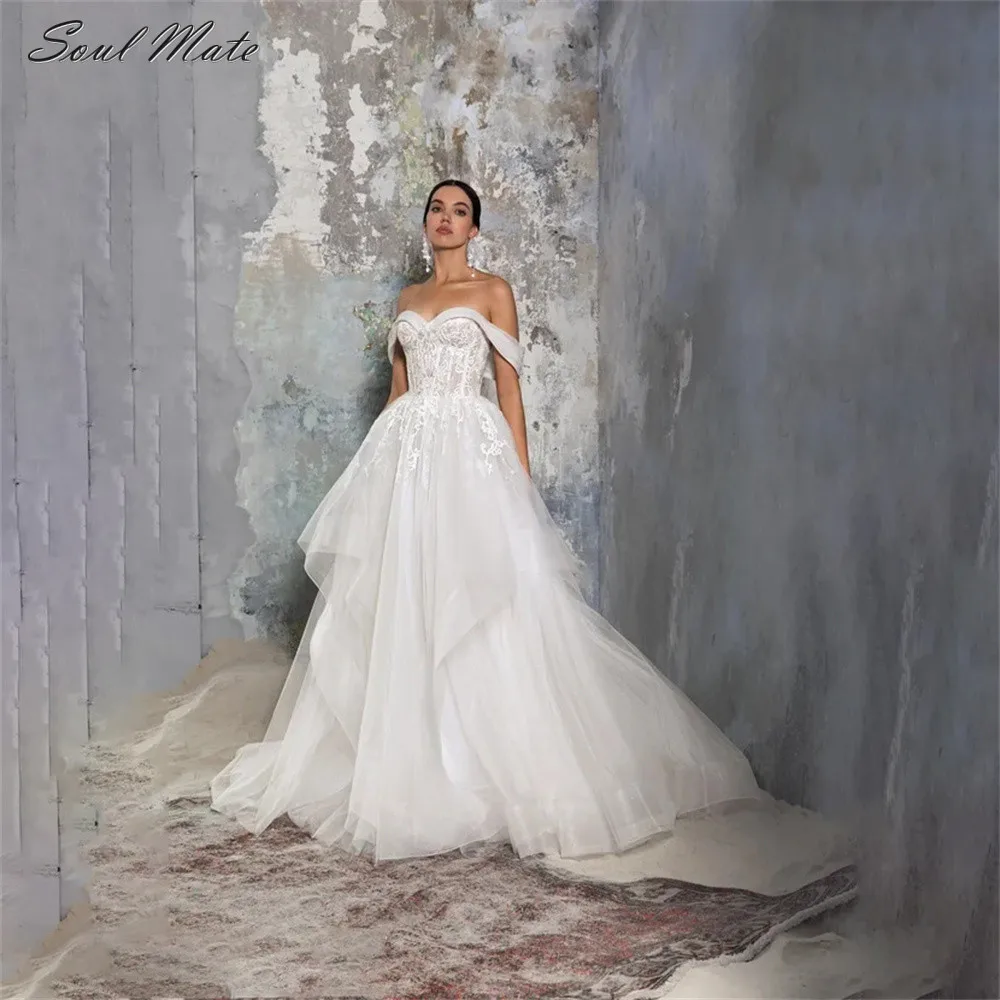 

Elegant Off-Shoulder A Line Wedding Dresses For Women Tulle Bridal Gown White Appliques Appliques Bride Robes Vestido De Novia