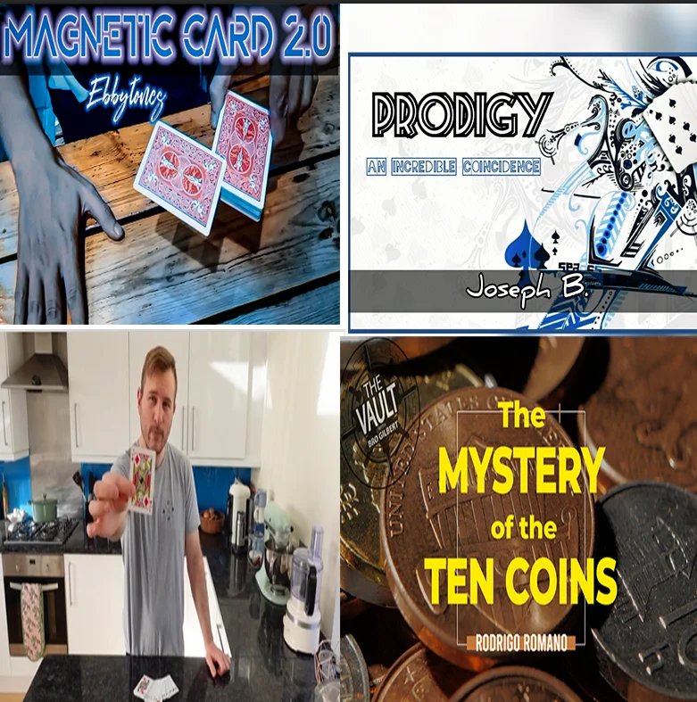 

The Mystery of Ten Coins , Police by Ollie Mealing , Prodigy by Joseph B , Magnetic card 2.0 by Ebbytones Magic Tricks