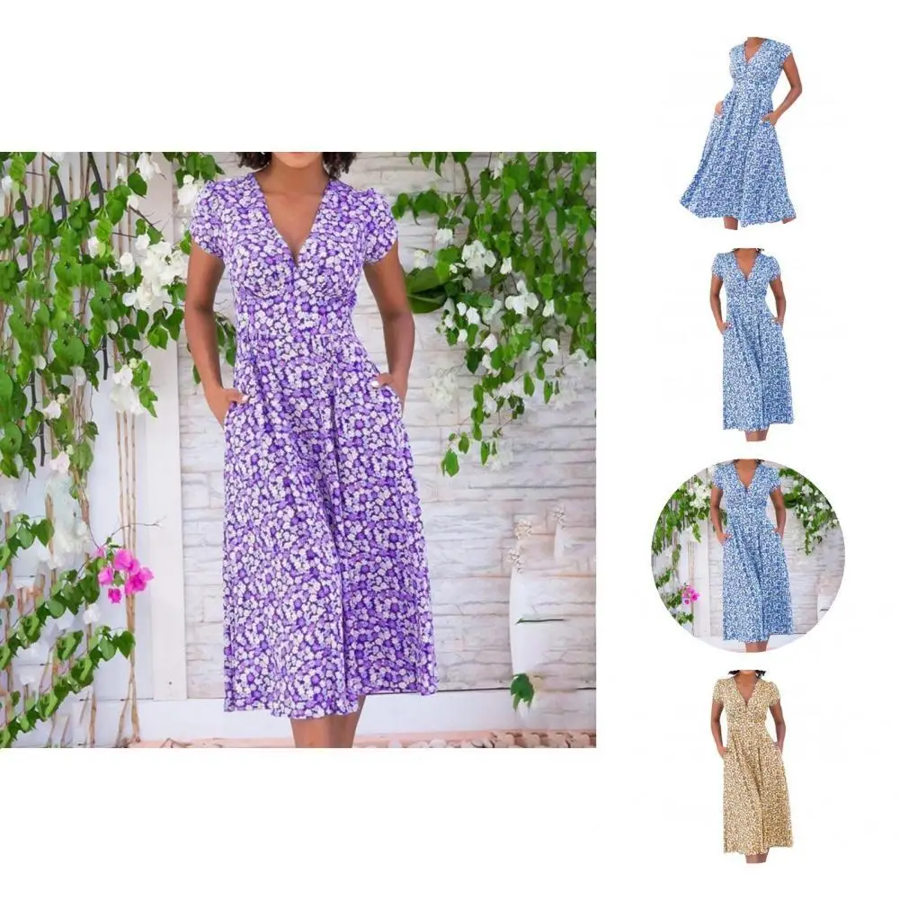 

Fashion Casual Dress Lightweight V Neck Printing Quick Drying Lady Dress