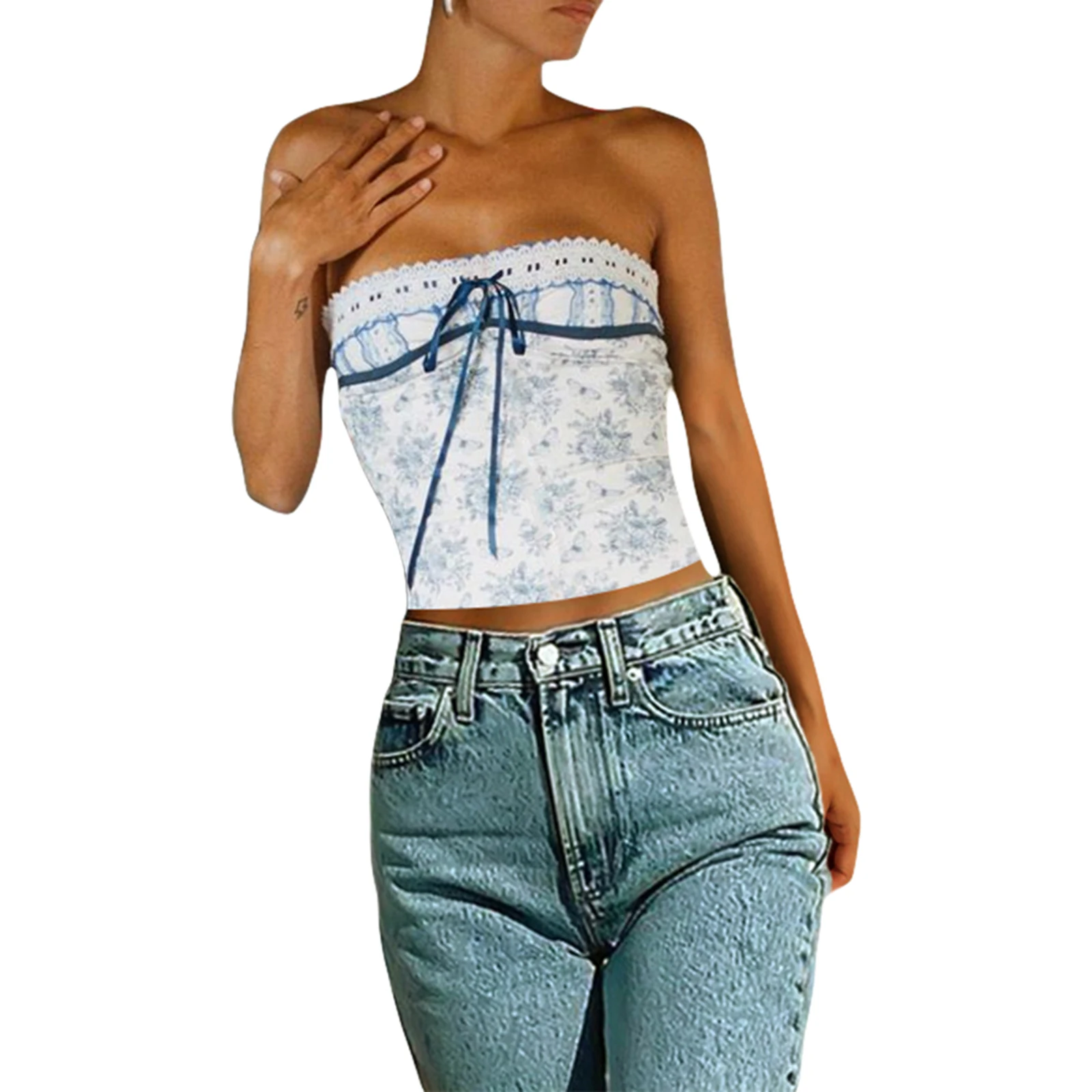 

2023 New Summer Fashion Hot Sale Women's Floral Print Tube Tops Strapless Lace Patchwork Tie-up Front Bandeau Tops Streetwear