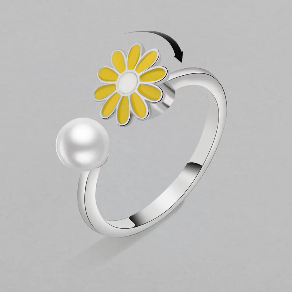 

Rotate Freely Fidget Anxiety Ring For Women Girl Open Adjust Pink Daisy Spinner Relieving Anti Stress Finger Rings Cute Jewelry