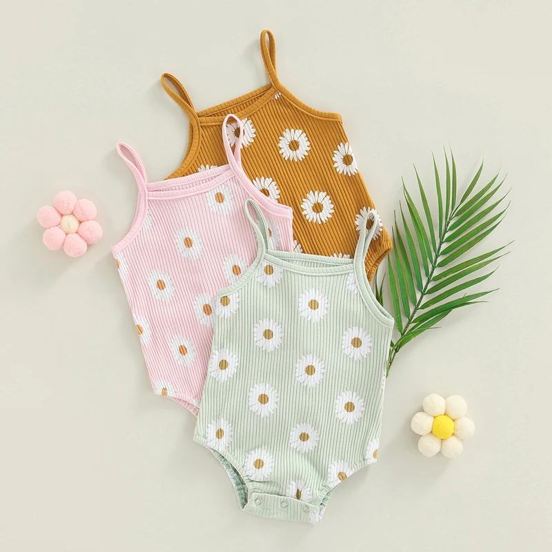

SUNSIOM Newborn Baby Bodysuit Sleeveless Spaghetti Strap Daisy Print Ribbed Jumpsuit Baby Girl Summer Casual Clothes