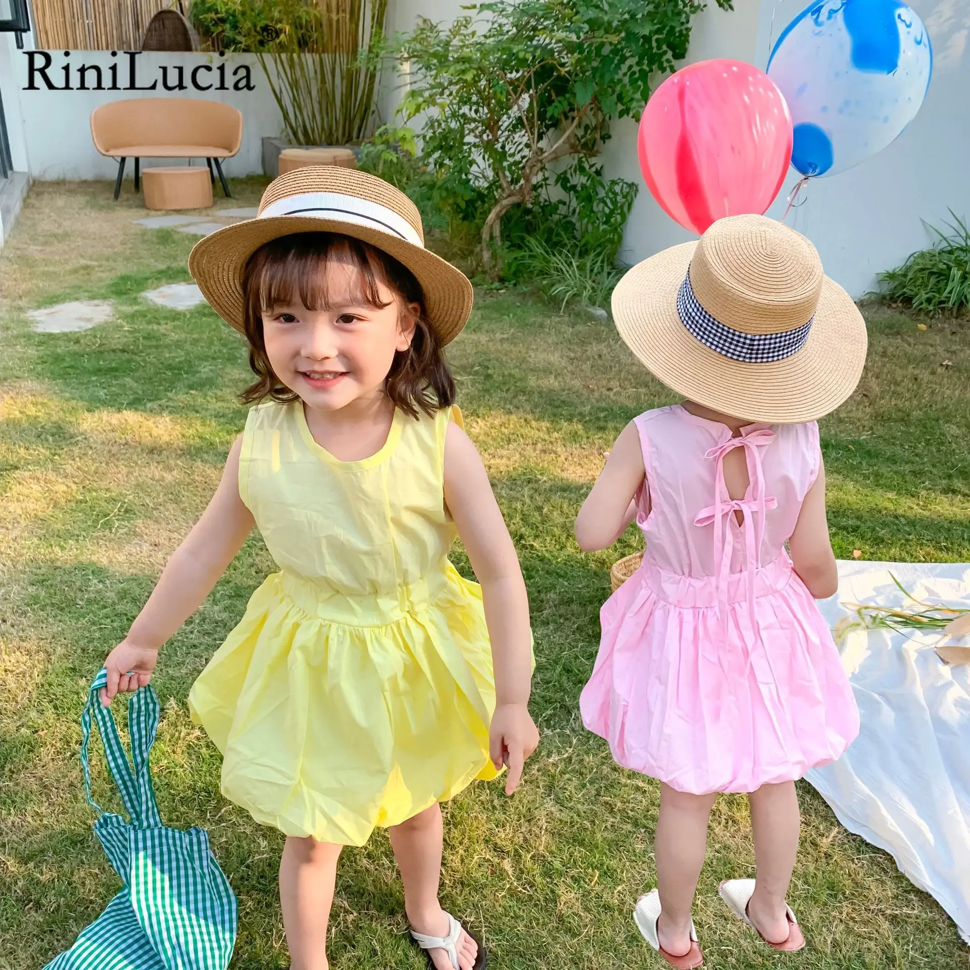 

RiniLucia Kids Dresses for Girl Summer Children Clothes Girl Solid Princess Dress 1-7 Year Toddler Sleeveless Cotton Dress