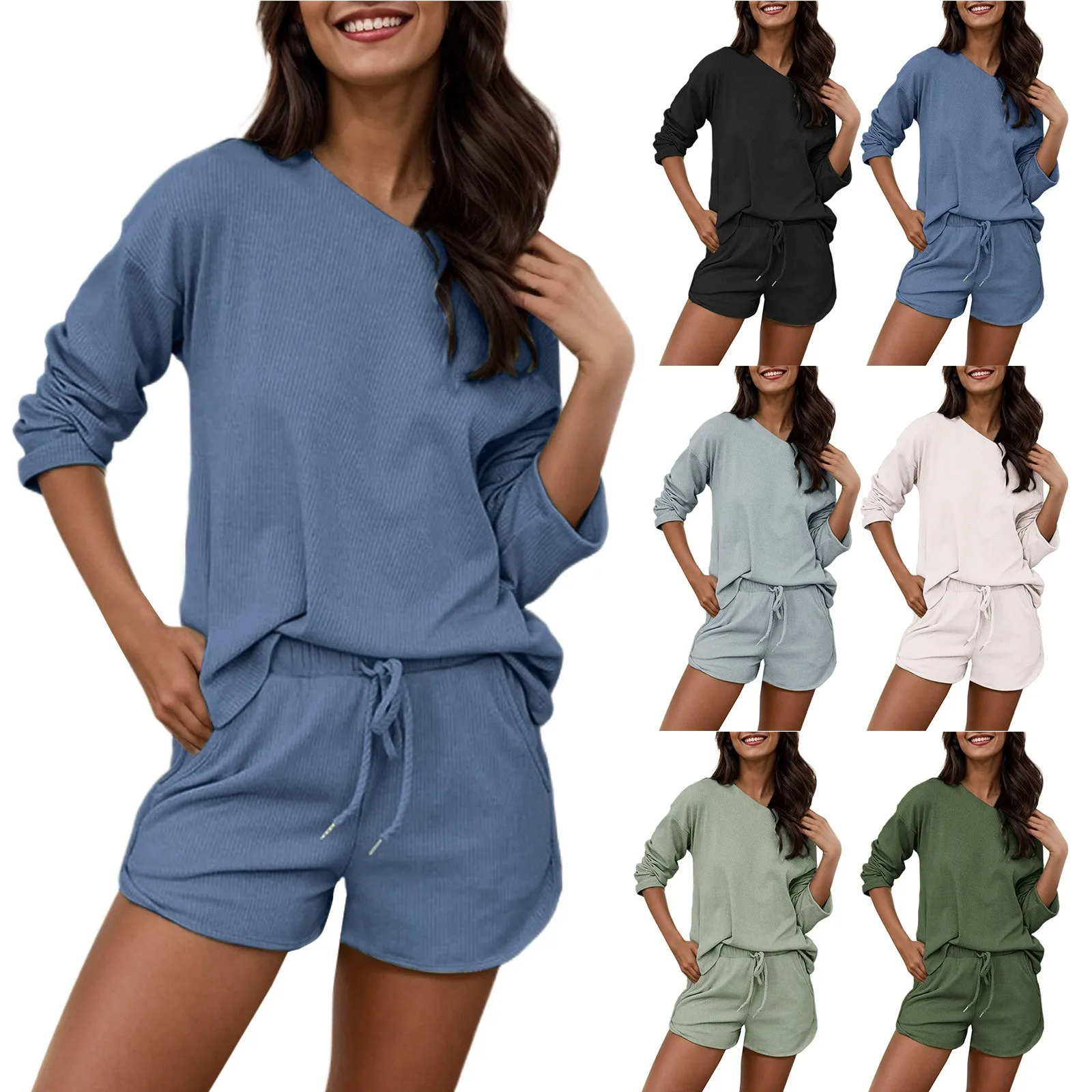 

Pajamas 2 Piece Sets Knit Matching Outfits T Shirt Shorts Sleepwear Loungewear Sweatsuits M Apparel