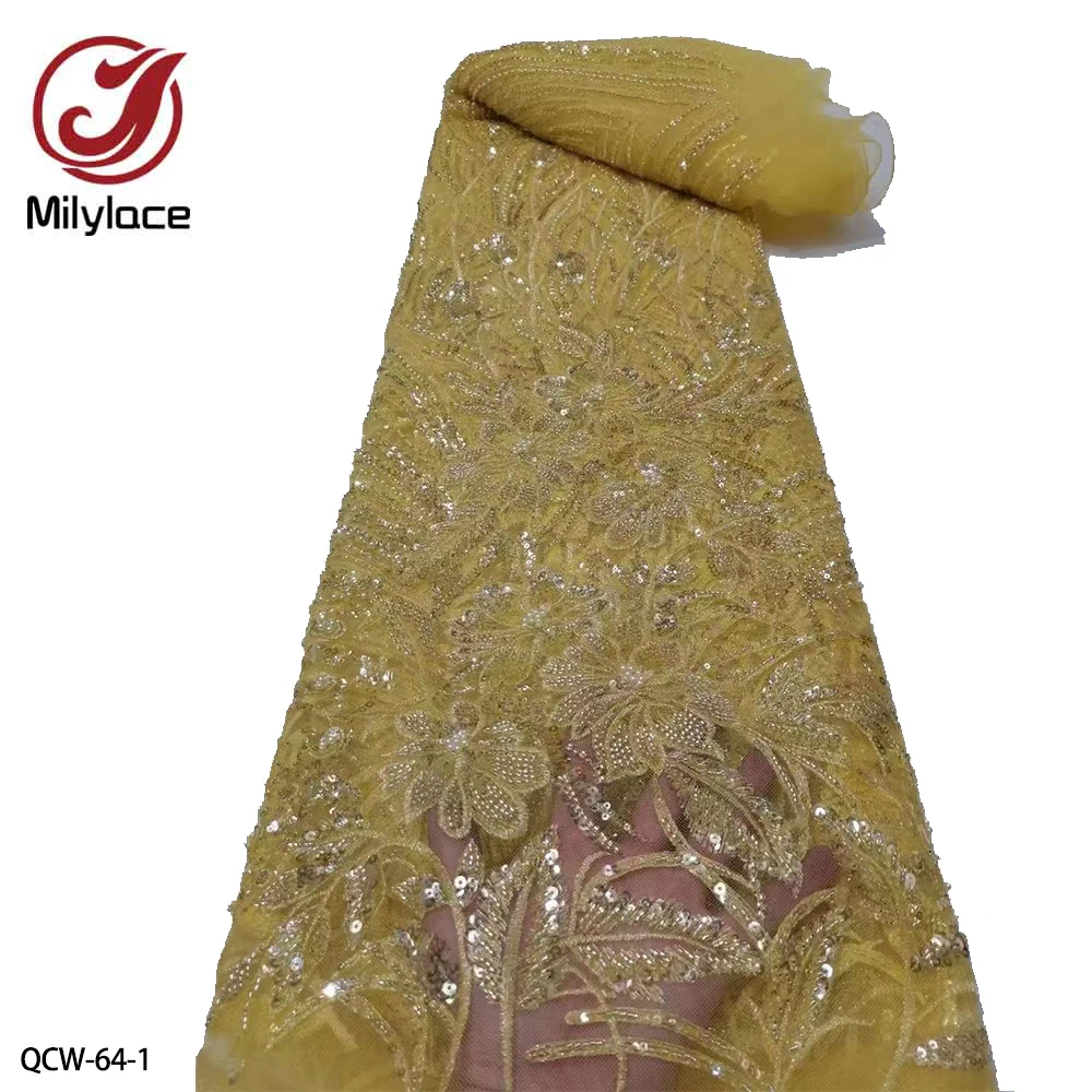 

2022 HIgh Quality African Tulle Lace Wed Fabric Hand Made Beads Nigerian Sequins Lace Fabric for Party QCW-64