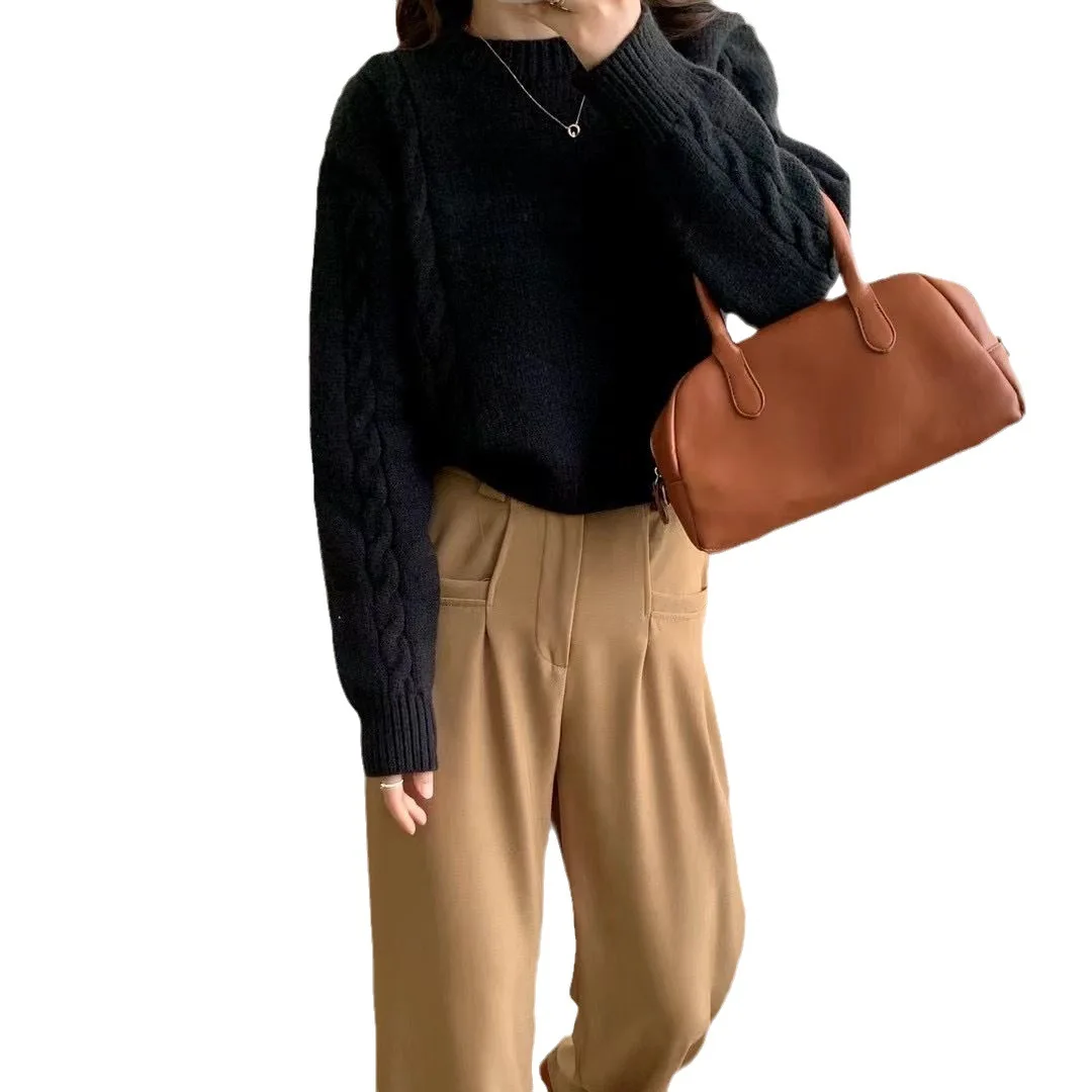 

2023 New pullover short round neck long sleeve twist knit sweater simple versatile top