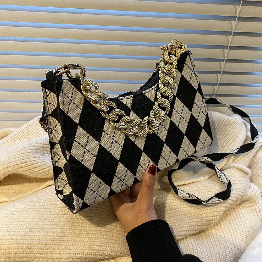 

2022 High-Quality Popular Niche Design Presbyopia Retro Jacquard One-Shoulder Crossbody Women Baguette Luxury Chain Underarm Bag