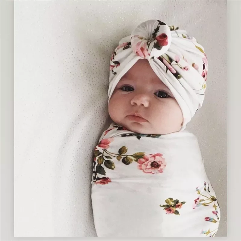 

2pcs/set Baby Swaddle Wrap Baby Blankets Newborn Cotton Swaddle Wrap Headband Baby Hat Turban Beanie Newborn Photography Prop