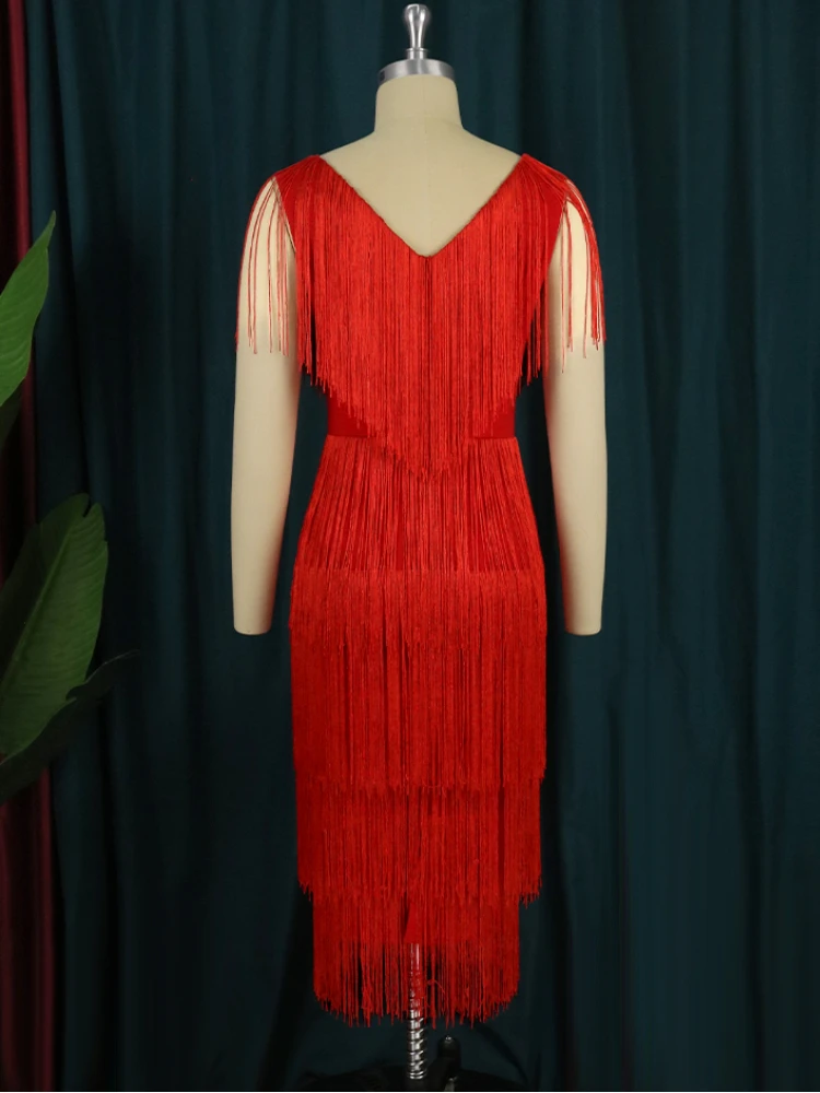 Tassel Evening Party Dresses Plus Size Sexy V Neck High Waist Sleeveless Midi Length Fringe Cocktail Outfits for Ladies 3XL 4XL