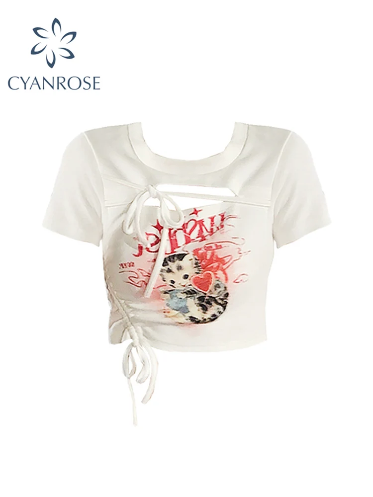 

2022 Summer Women Sexy T-Shirts Print Crop Top Girls Short Sleeve Punk Harajuku Fashion Vintage Hollow Out O-neck Cute Tee Tops