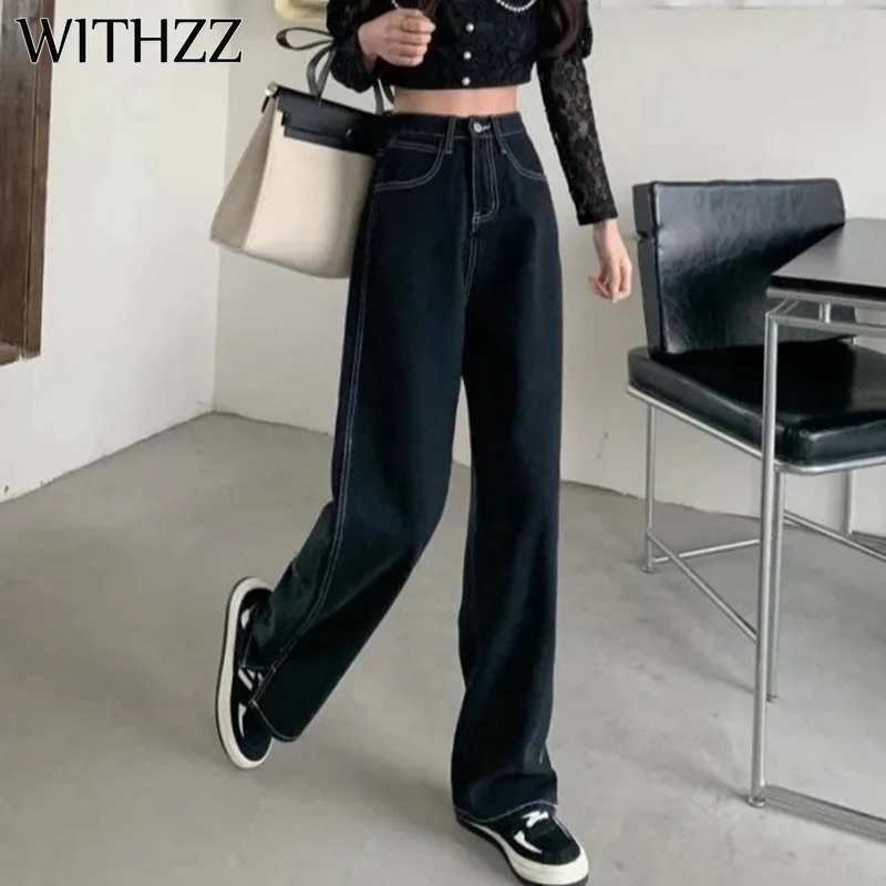 

WITHZZ Spring Autumn Women Loose Black Denim Straight Pants Casual High Waist Female Jeans