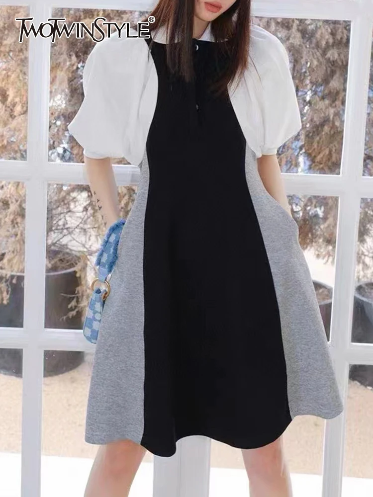 

TWOTWINSTYLE Casual Patchwork Colorblock Dress For Women Lapel Puff Sleeve Loose Midi Dresses Female Clothing Summer New 2022