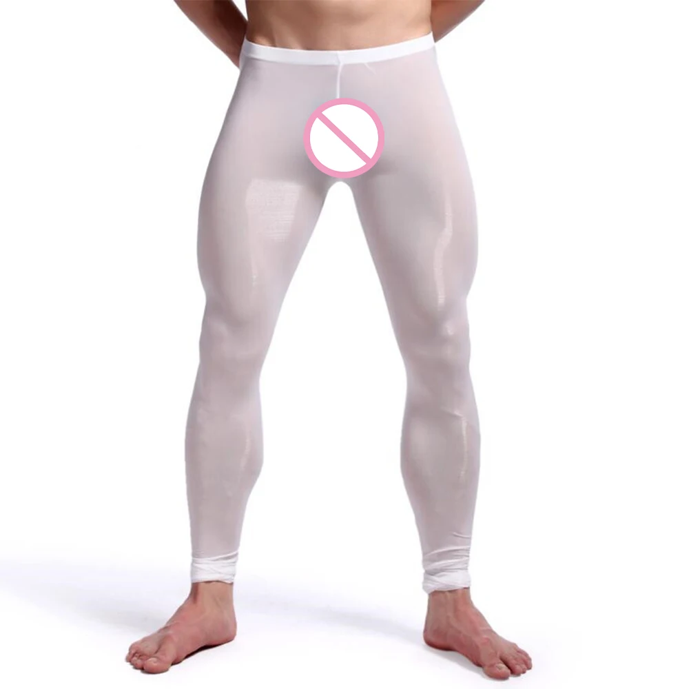

Mens Sexy Sheer Long John Underwear Pants Tight Leggings Silky Skinny Yoga Thermal Legging Ice Silk Elastic Male Trousers