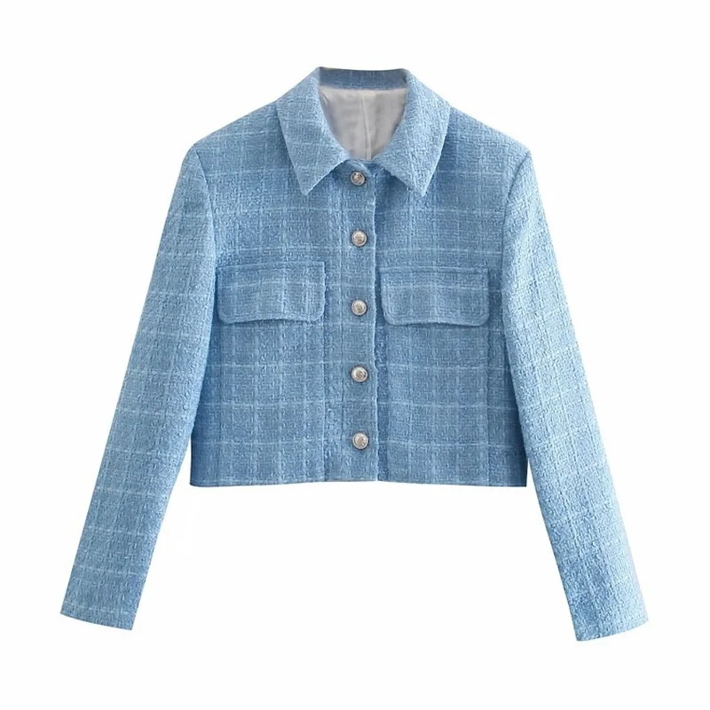 Blue Fashion Tweed Short Blazer Spring Autumn Women Simple Casual Single Button Blazer Indie Elegant Office Commute Streetwear