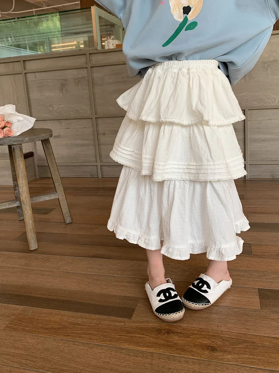 

Children Clothing Girls Long Skirt 2023 Autumn Korean Baby Skirt Layered Lace Stitching Jacquard Kids Girl Mid-length Cake Skirt