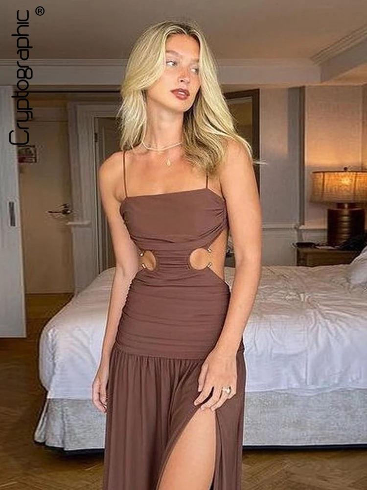

Cryptographic Elegant Spaghetti Strap Sexy Backless Slit Maxi Dress for Women Summer Night Club Party Long Dresses Ruched Gown