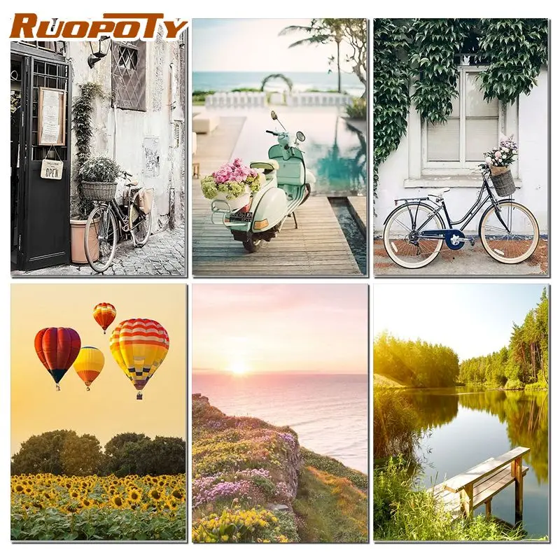 

RUOPOTY Frame Painting By Number Doorwar Bicycle Acrylic Paints Painting By Number Scenery Painting Artwork
