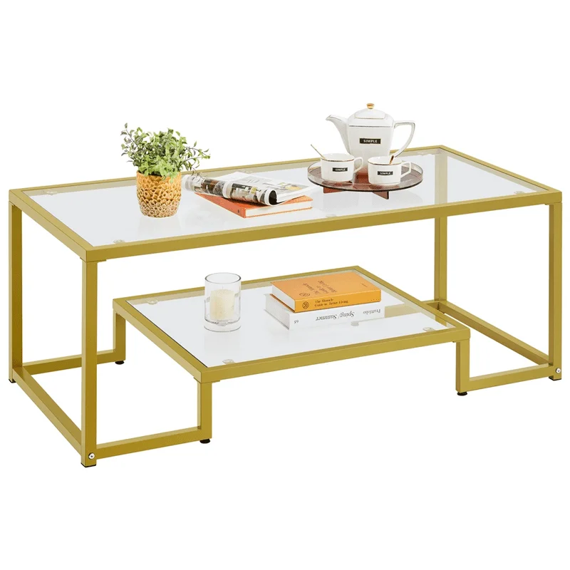 

Modern Tempered Glass Coffee Table with Metal Frame for Living Room, Gold