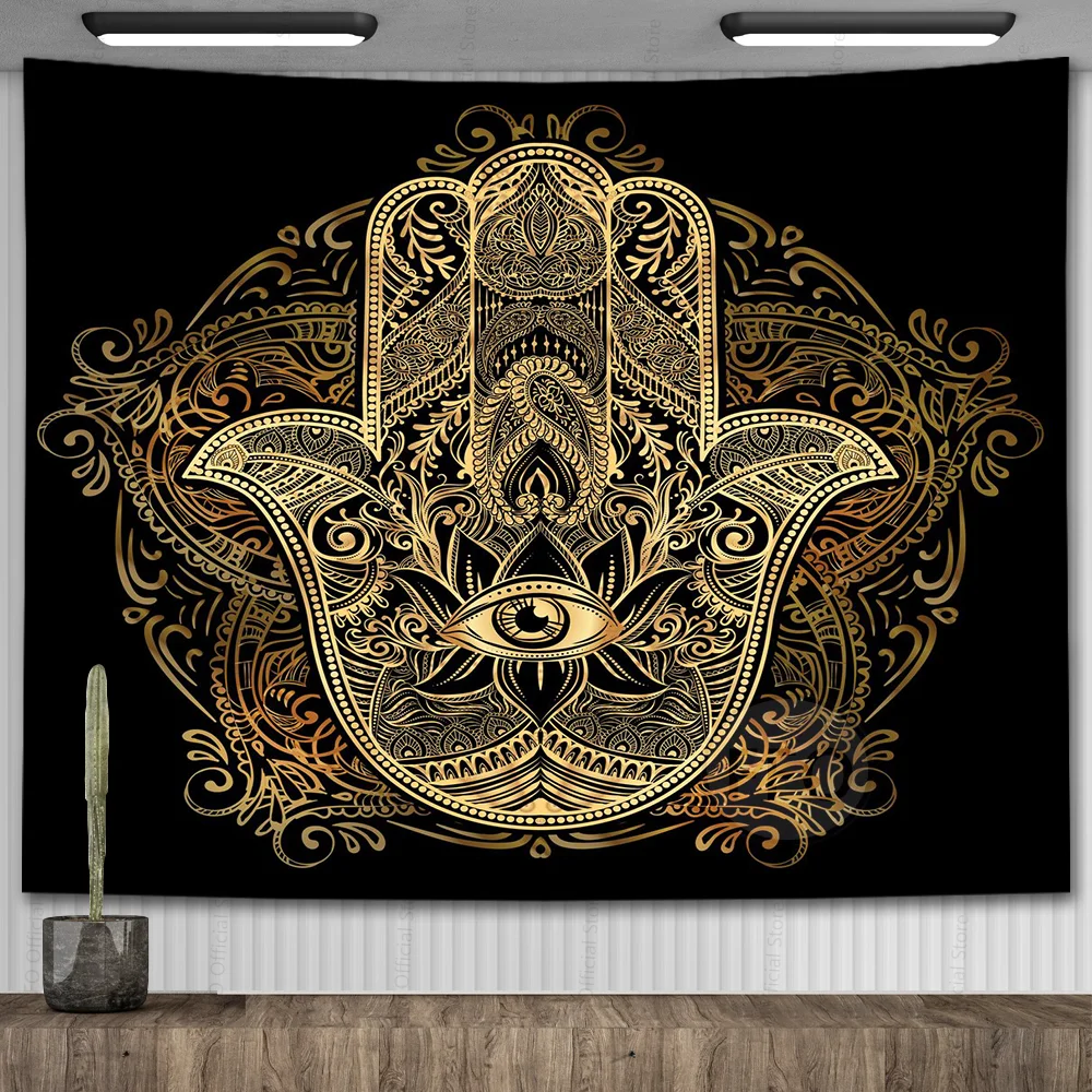 

Настенный гобелен с ручкой Хамса из черного золота, духовный домашний декор, гобелен в эстетике мандалы, сглаза, украшение для спальни, йоги,...