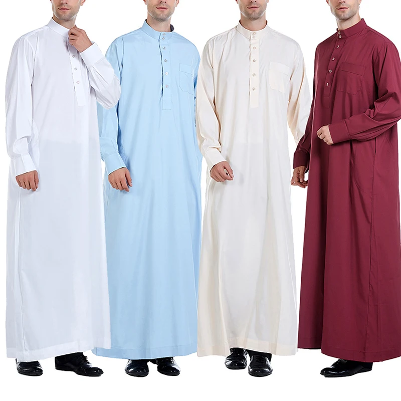 Men Muslim Dress Saudi Style Long Robe Islamic Kaftan Abaya Arab Dubai Clothes Long Sleeve Aman Abaya  Prayer Robe Saudi Wear