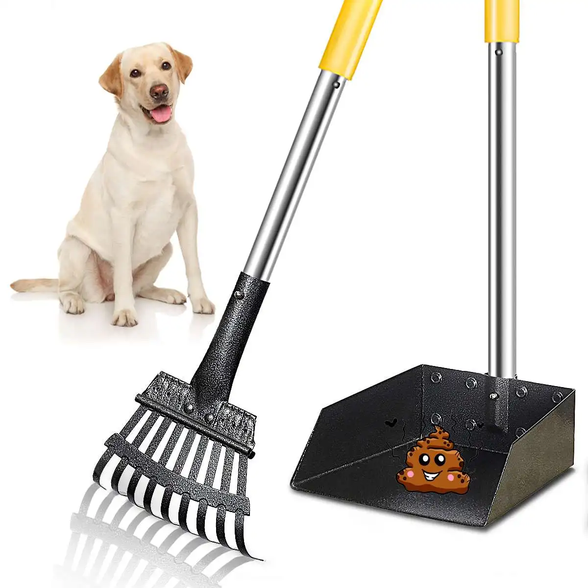 

FOCUSPET Dog Poop Tray and Rake Longer Handle Pooper Scooper Adjustable Long Handle Metal for Pet Waste Removal