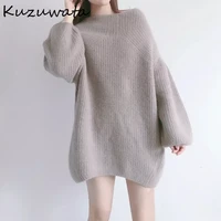 kuzuwata 2022 autumn winter new women sweaters vestidos fashion solid robedropped shoulder lantern sleeve mid length knit dress