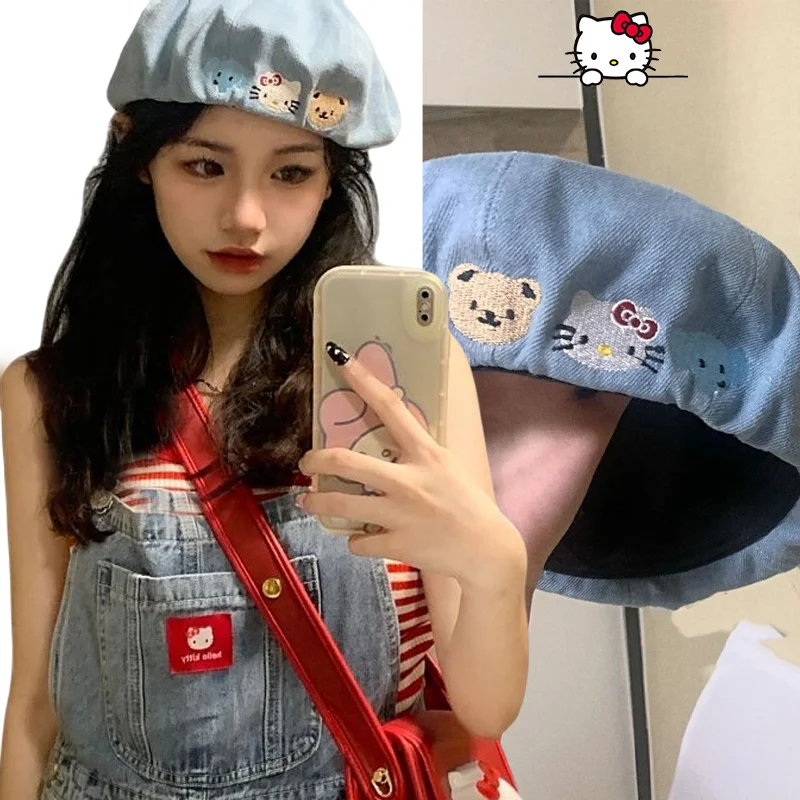 

Sanrio Kawaii Hello Kitty берет Студенческая мультяшная Милая джинсовая художника шляпа лицо показывает маленький Ins Стиль Универсальная шляпа подарок для девочки