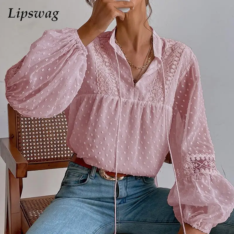 

Autumn Casual Polka Dots Blouse Shirts Women Fashion Long Sleeve Pullover Tops Office Lady New Elegant Lantern Long Sleeve Blusa