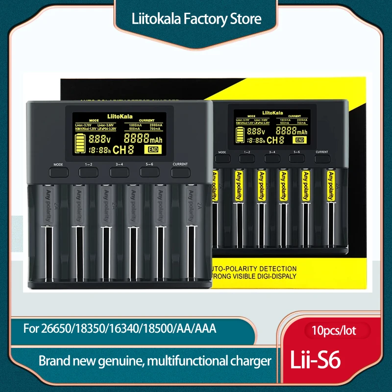

10pcs/lot LiitoKala Lii-S6 18650 Battery charger 6-Slot Auto-Polarity Detect For 26650 21700 14500 10440 AA AAA 16340 1.2V 3.7V