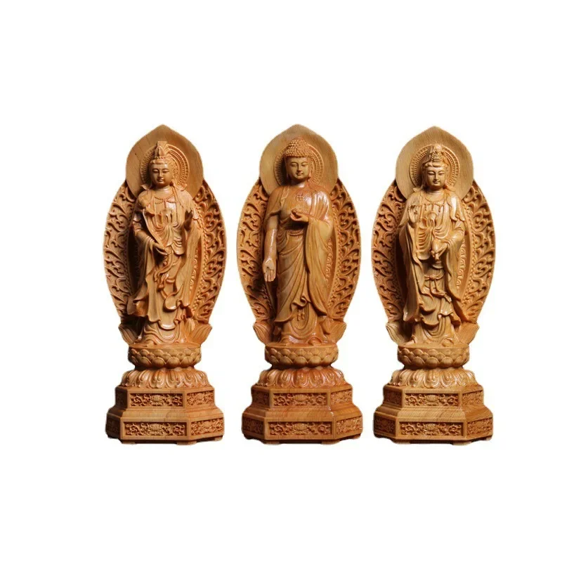 

Деревянная статуя Гуаньинь Бодхисаттва-рудракша статуи буддистских фигурок резьба по дереву фэн-шуй Статуя Будды набор из 3 частей