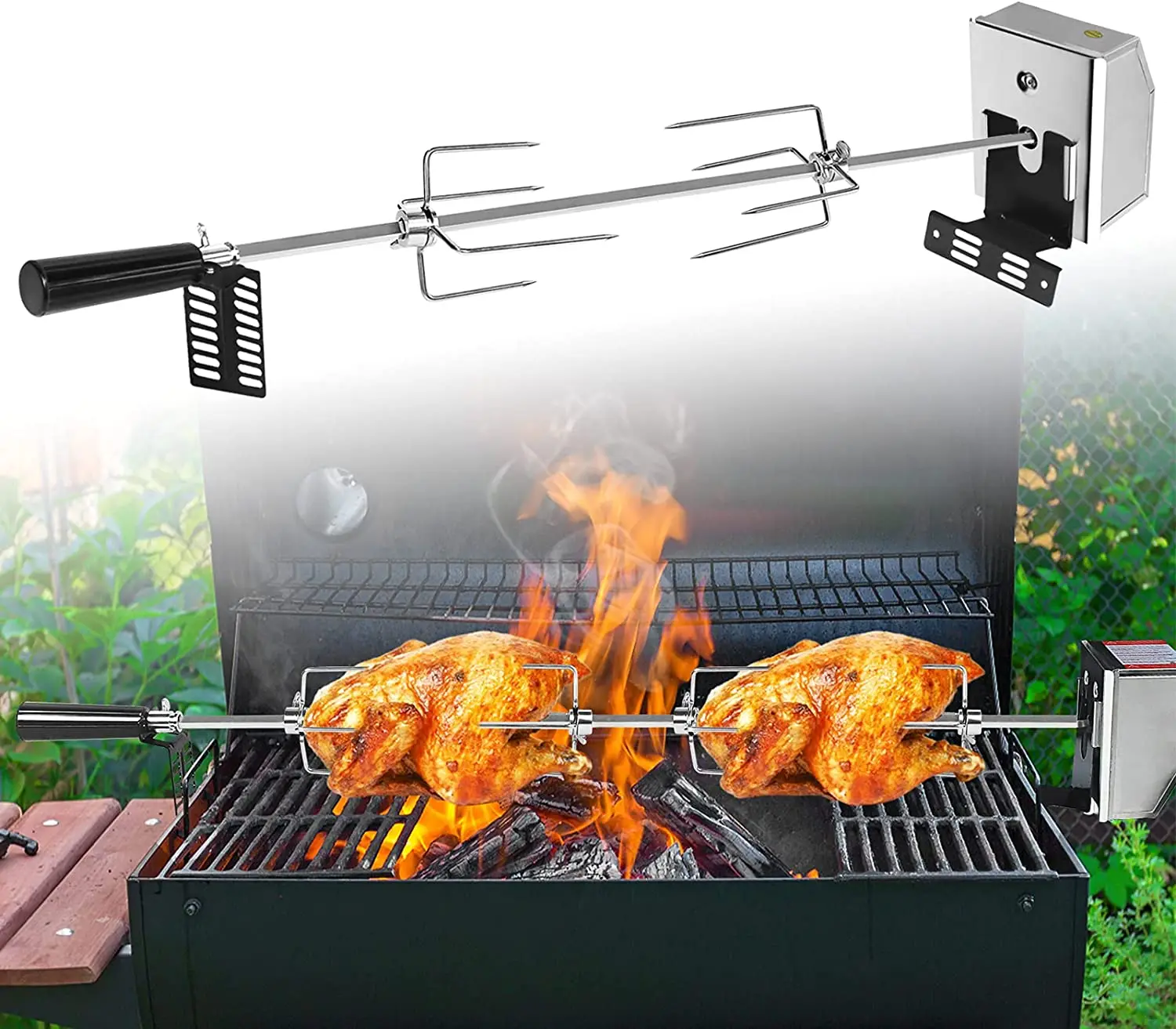 Universal Automatic Grill Rotisserie Kit with 4W Electric Motor Outdoor BBQ Bracket Roaster Spit Rod Meat Fork Complete Holders