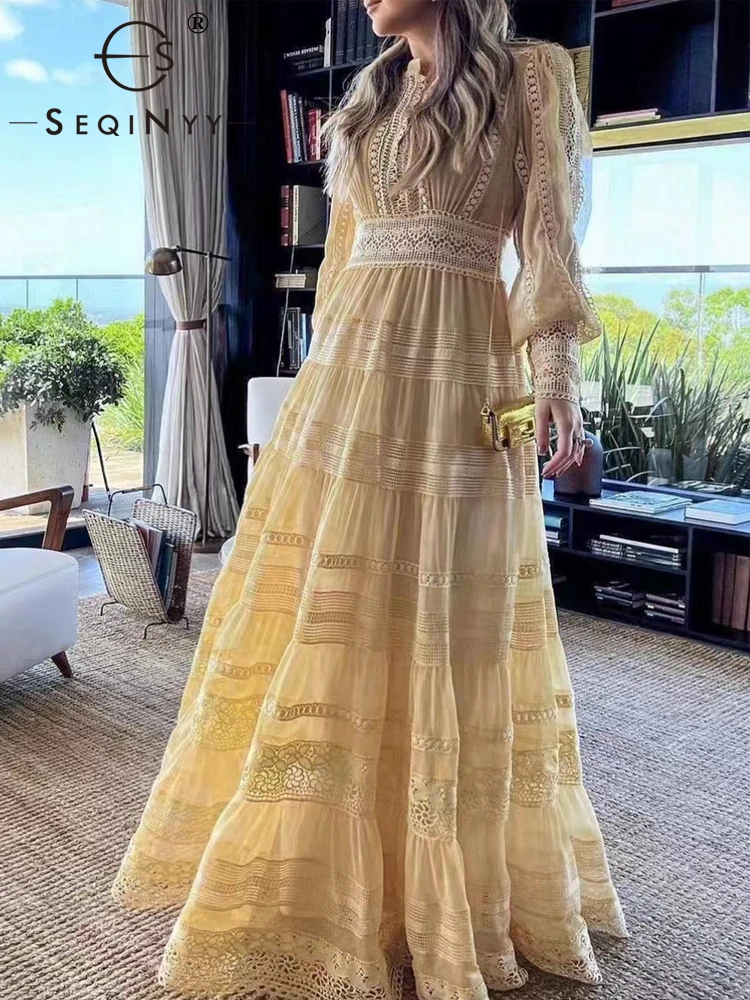 

Женское кружевное платье SEQINYY, элегантное модельное платье средней длины в винтажном стиле с цветочным принтом, лето-весна, новинка, модный дизайн