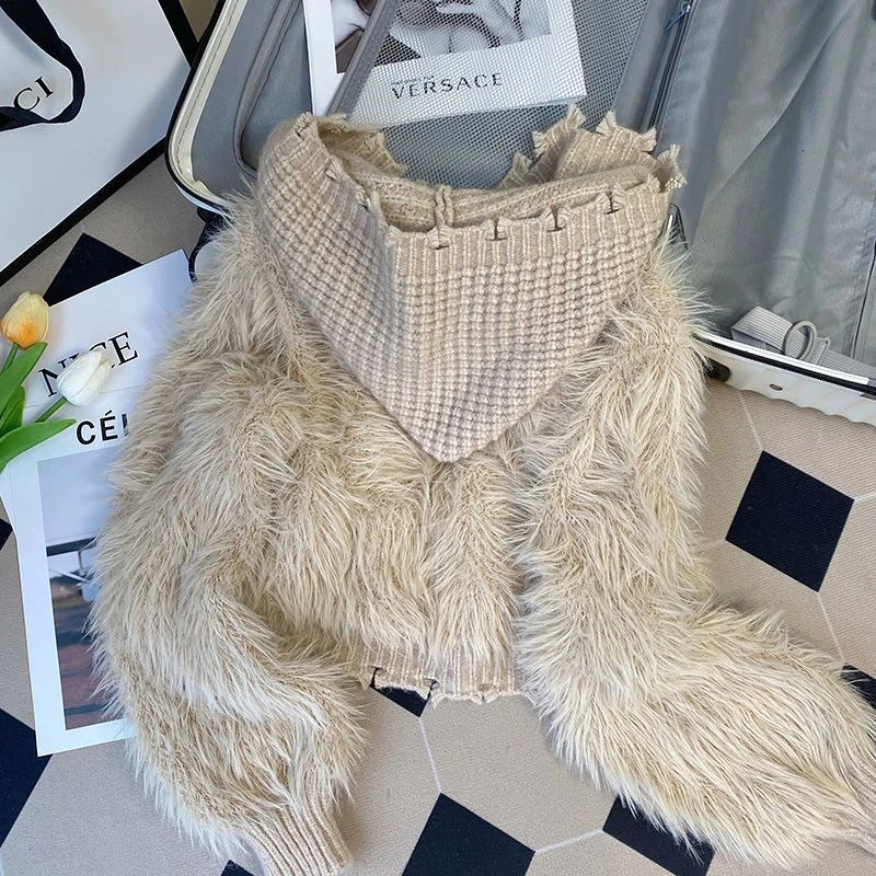 Женский кашемировый Укороченный кардиган с капюшоном длинным рукавом