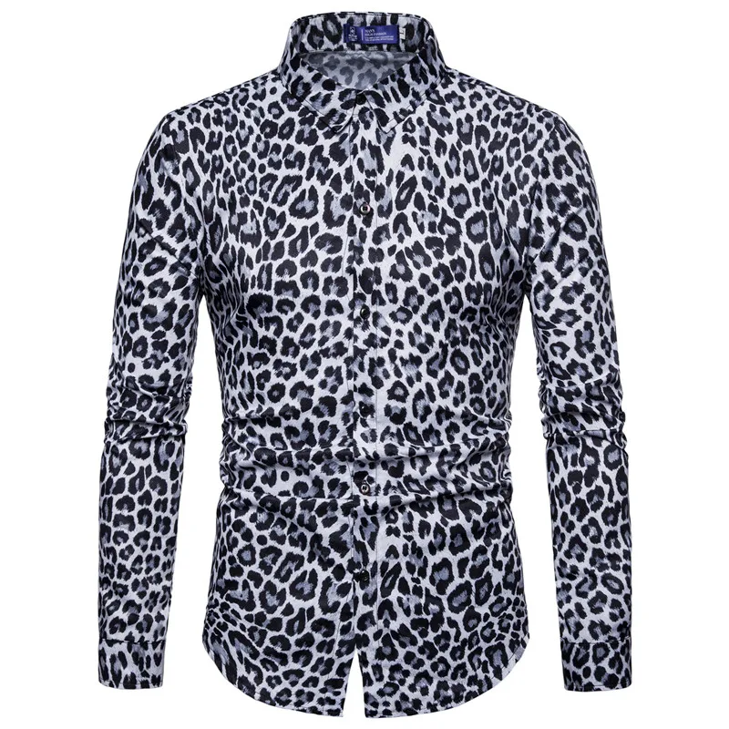 2022 Mens Fashion Leopard Print Shirt High Quality Long Sleeve Social Man Casual Party Wear Top Blouse Autumn Homme Shirt