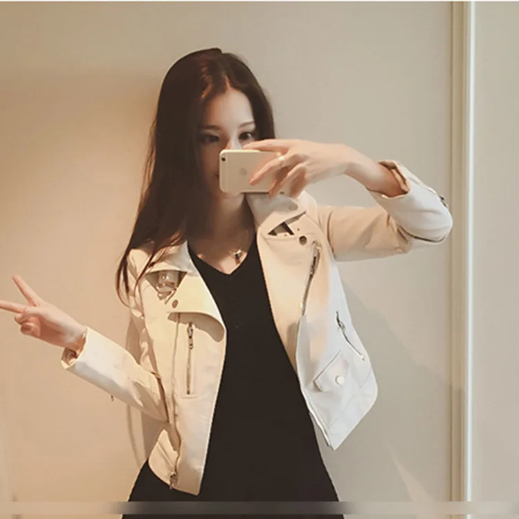 2023 Spring and autumn small leather clothes female short slim-fit coat autumn lapel long sleeve Ke motorcycle suit