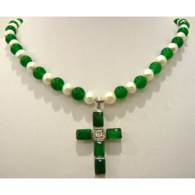 

7-8mm white pearl & green natural JADE cross pendant necklace