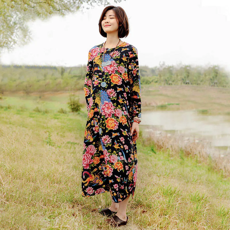 Женское платье с длинным рукавом классическое хлопково-льняное принтом в