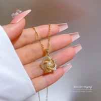 titanium steel light luxury full diamond micro inlaid zircon pearl revolving flower necklace copper plated gold pendant