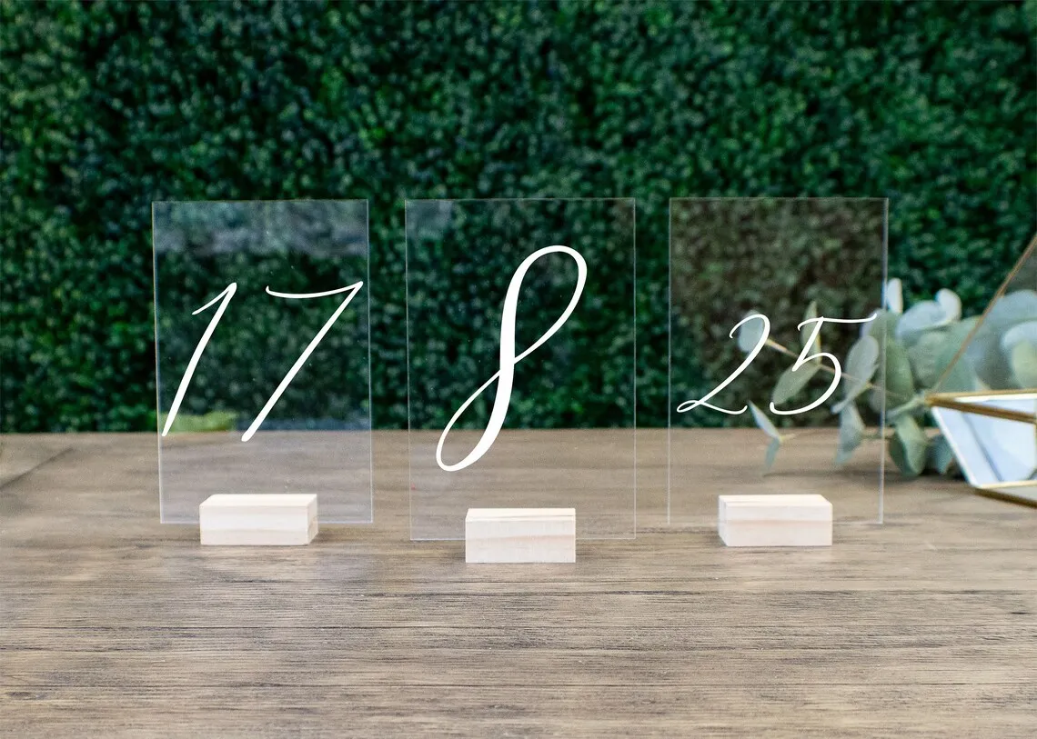 Rustic Clear Wood Table Number Stand,Wedding Table Number,Clear Acrylic Calligraphy Wedding Signage,Painted Wedding Table Number