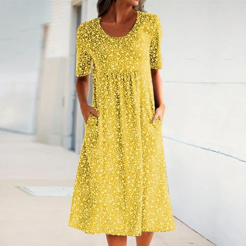 

Elegant Women Dress Floral Print Pockets Summer Large Hem A-Line Midi Dress Women Sundress for Office Casual Streetwear