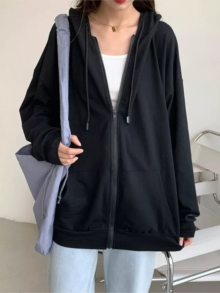 

tops traf roupas femininasHarajuku Korean version loose thin long-sleeved hooded sun protection coat solid color retro shirt st