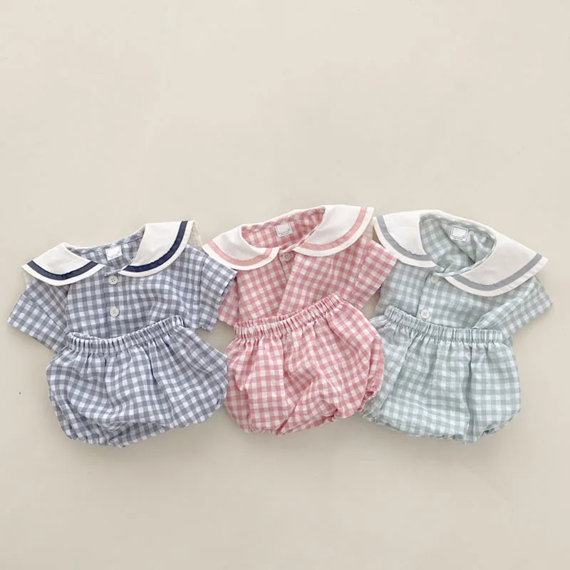 

Baby Girl Fashion Turn-down Collar Smiley Print Single Breasted Shot Sleevs T-shirt Boy Simple Plaid Loose Cotton Shorts Set