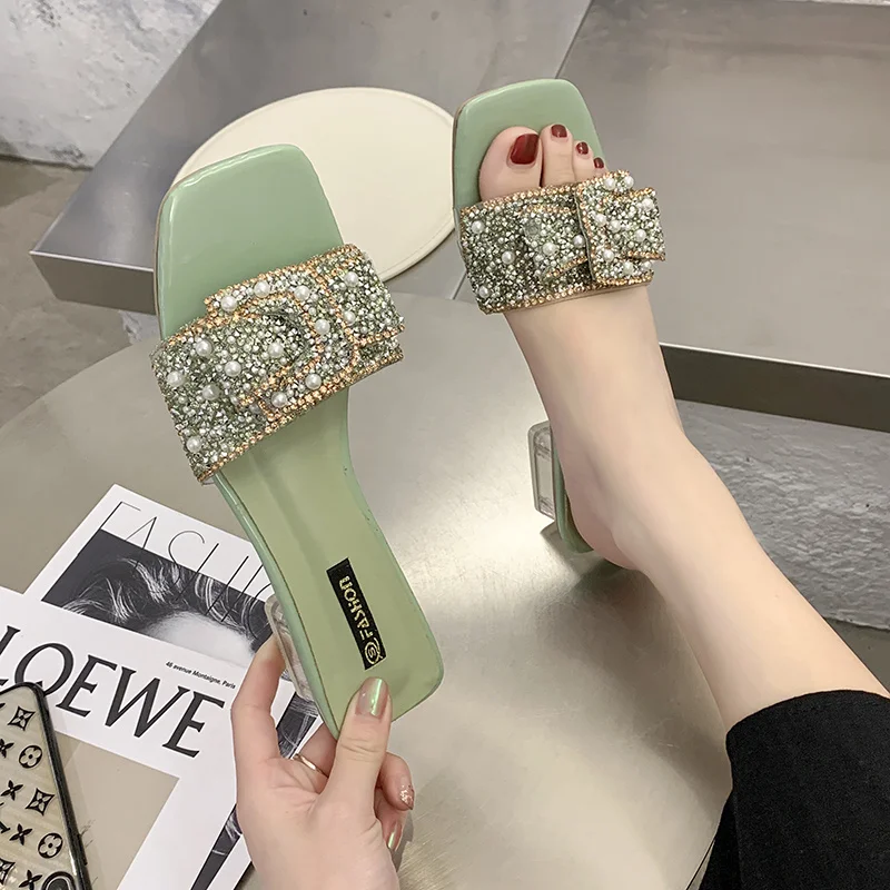 Summer sandals women's plus size slippers 2022 new fashion crystal sandals pearl open toe high heel slippers Roman shoes