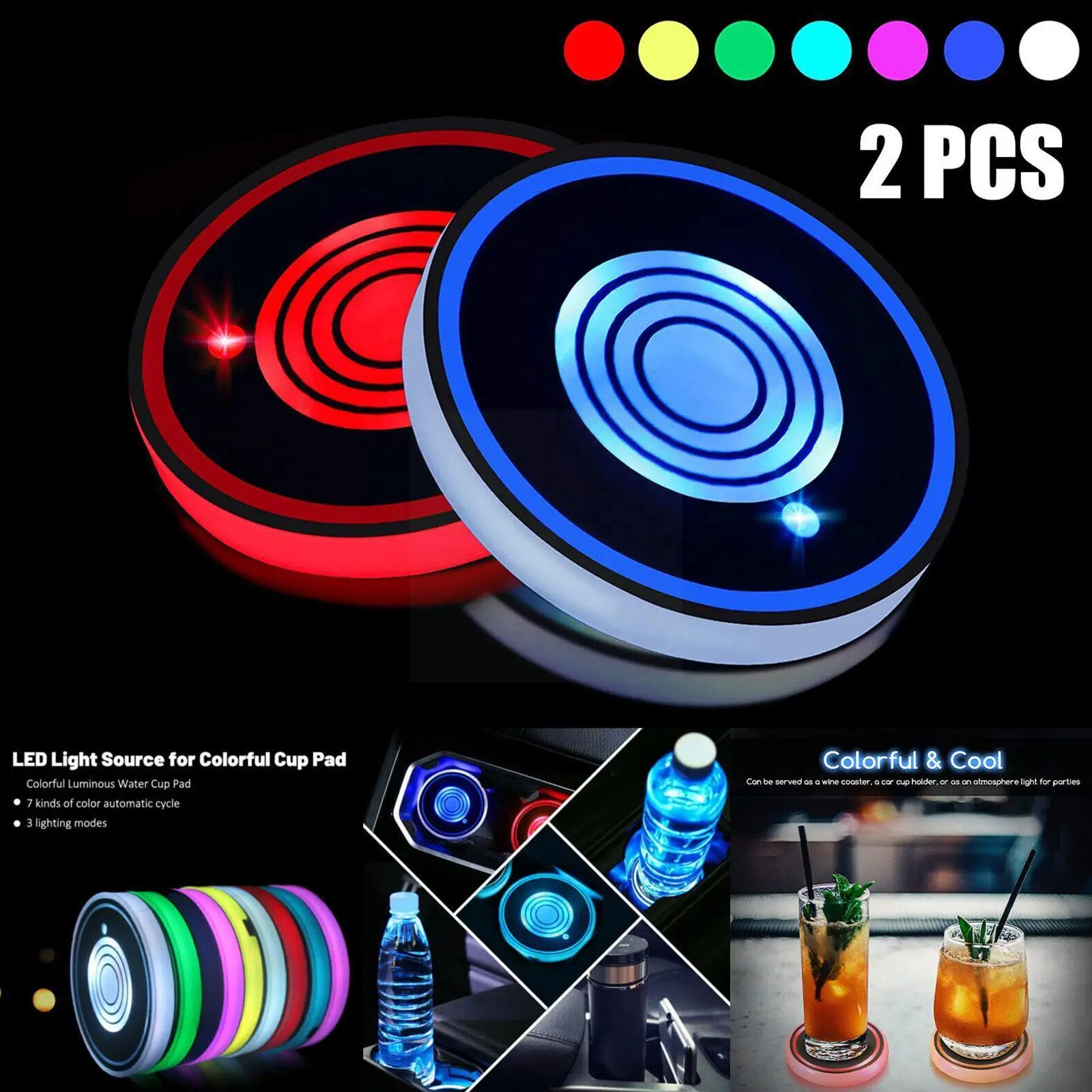 

Car LED Light Water Coaster 7 Color USB Charging Ambient Cup Decoration Pad Lamp Interior Accessories O0W9