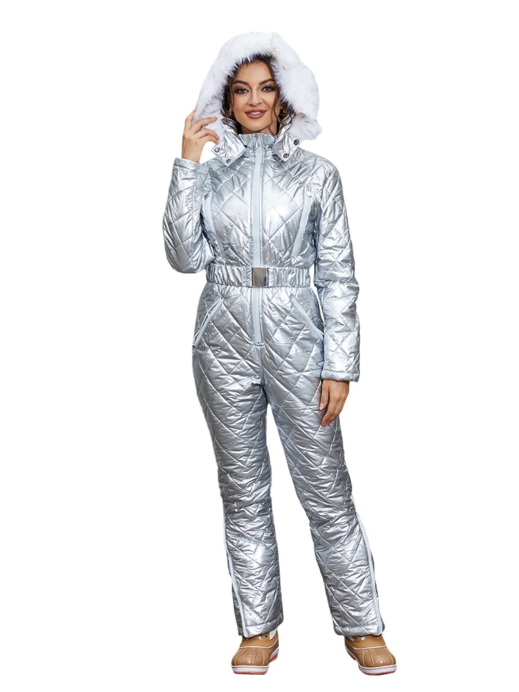 One Piece Ski Suit Women Zip Up Puffer Jacket Cotton Padded Winter Parka Warm Outerwear Snowsuit Elastic Waist Slim Fit Jumpsuit