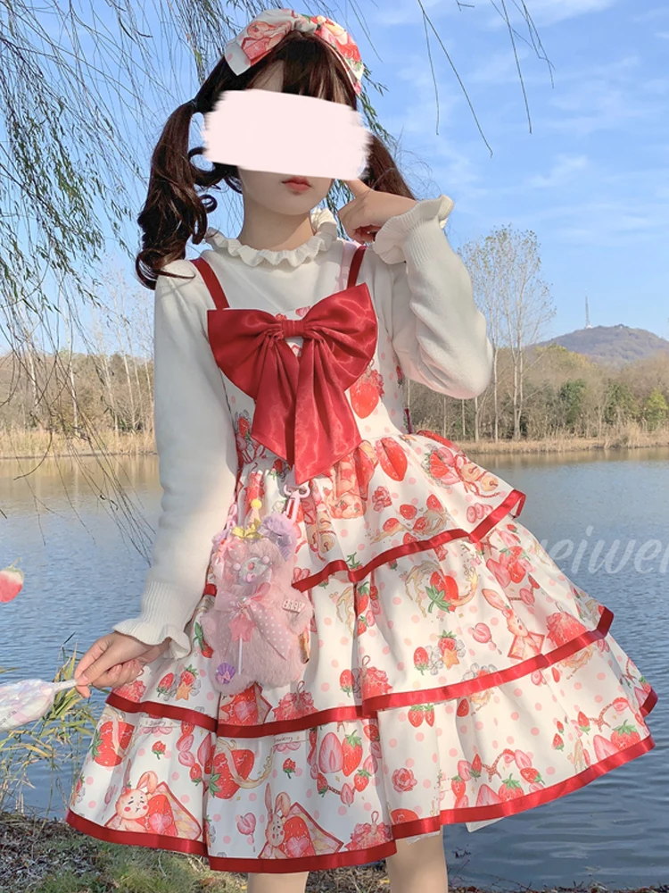 

KIMOKOKM Japanese Sweety Girly JSK Lolita Princess Dresses Square Collar Bow Kawaii Strawberry Ruffles Sleeveless Camisole Dress