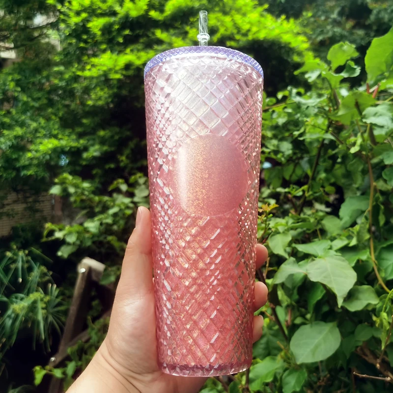 

710ml Double Layer Plastic Durian Diamond Radiant Goddess Cups Coffee Cup Summer Holiday Cold Water Mug Tumbler Cup With Straw